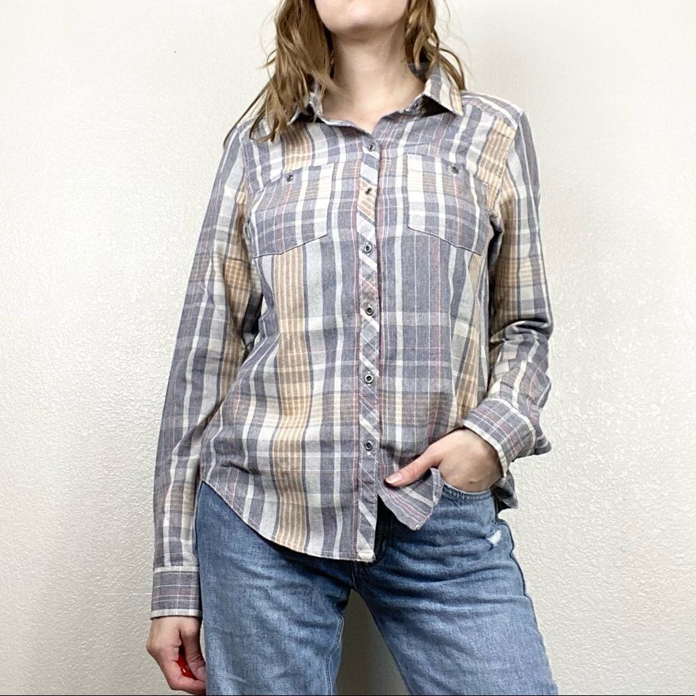 RoxyβGreyΒ &βYellowβPlaidβButtonβUpβShirt